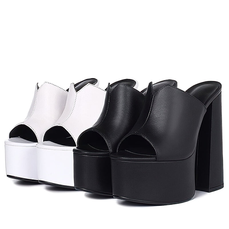 Genuine Leather Women's Platform Sandals / Thick High Heel Party Shoes In Black And White Colors - HARD'N'HEAVY