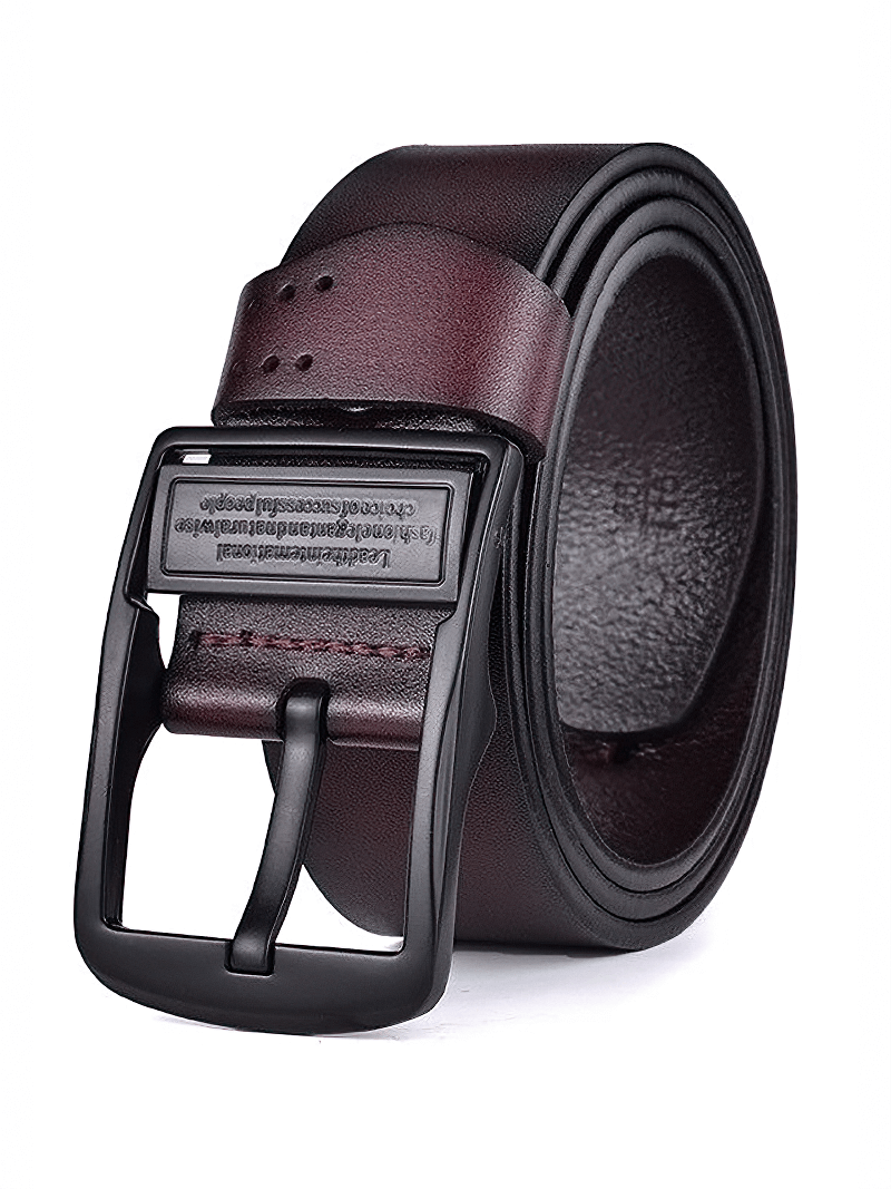 Genuine PU leather unisex belt with sleek pin buckle, perfect for casual jeans outfits in luxurious burgundy.