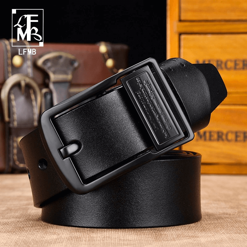Black unisex PU leather belt with a stylish pin buckle, perfect casual accessory for jeans.