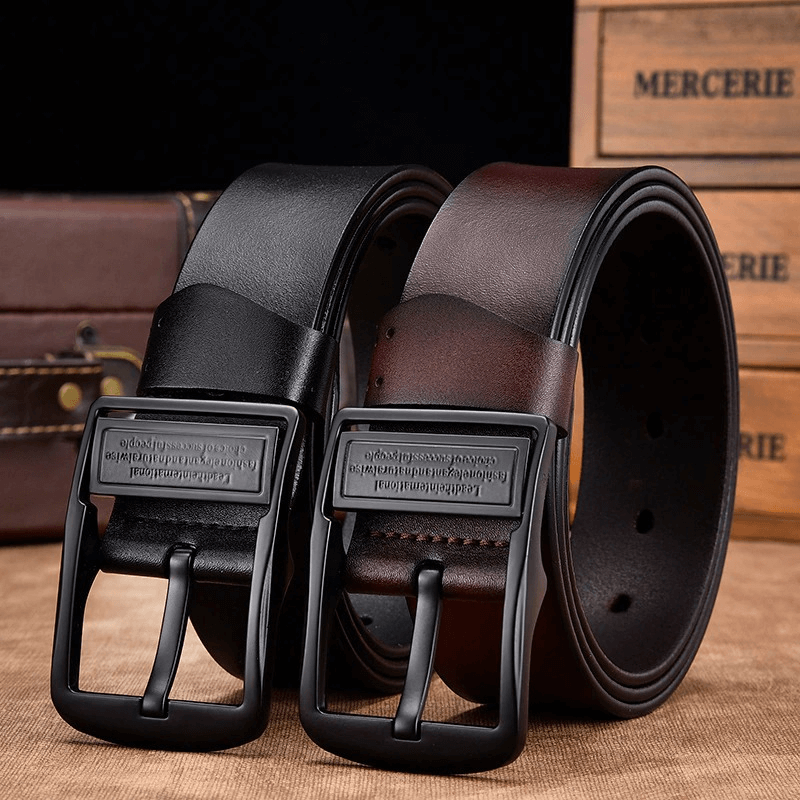 Genuine PU leather unisex belts in black and brown with stylish pin buckles for casual wear.