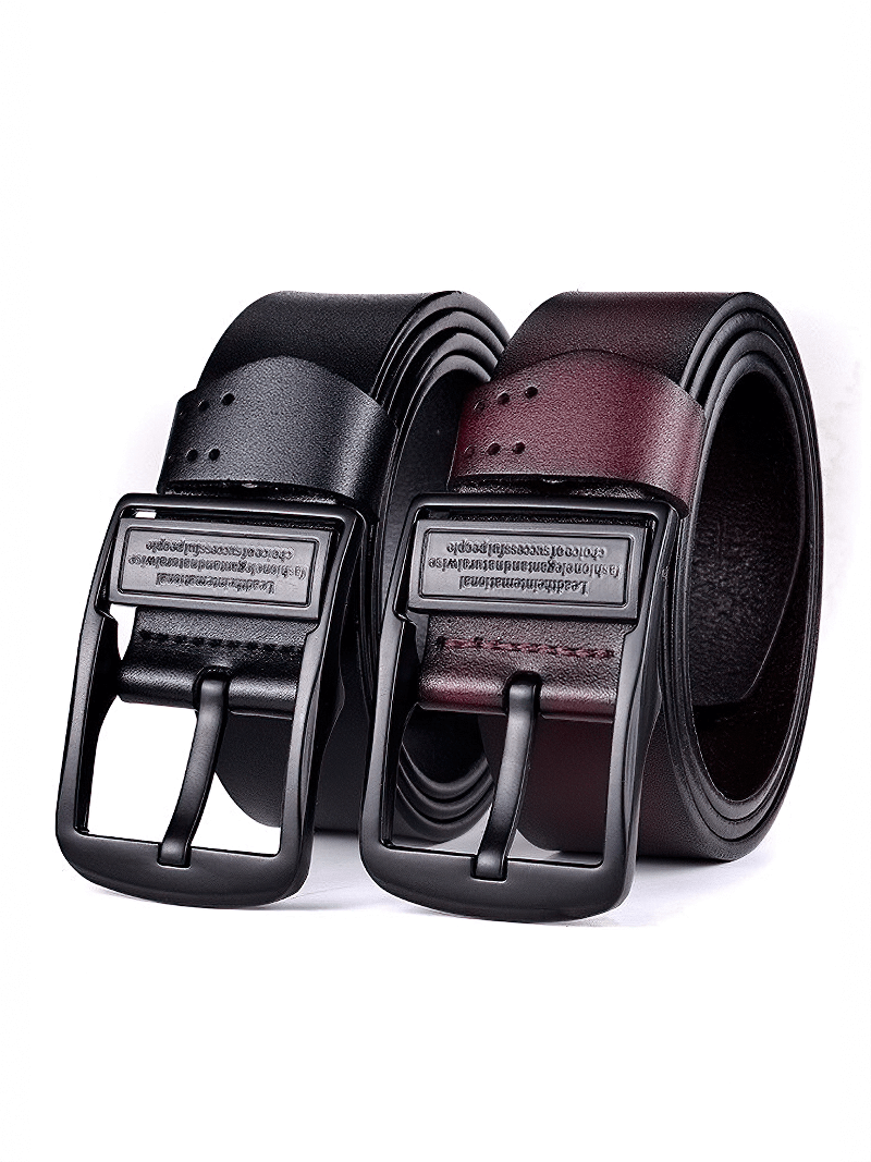 Genuine PU leather unisex belts in black and burgundy with pin buckle for casual style.