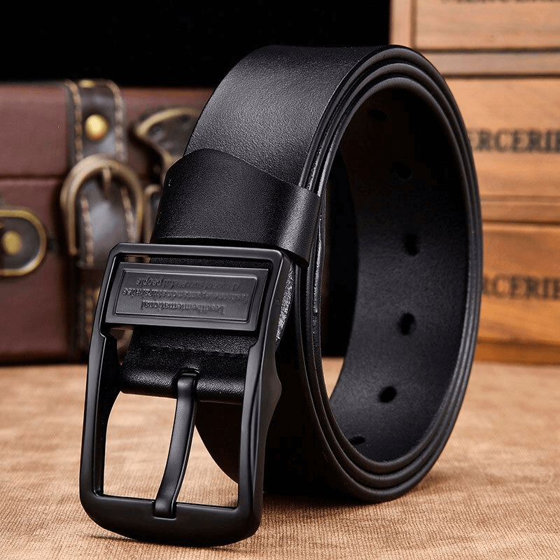 Genuine PU leather black unisex belt with pin buckle, stylish casual accessory for jeans.