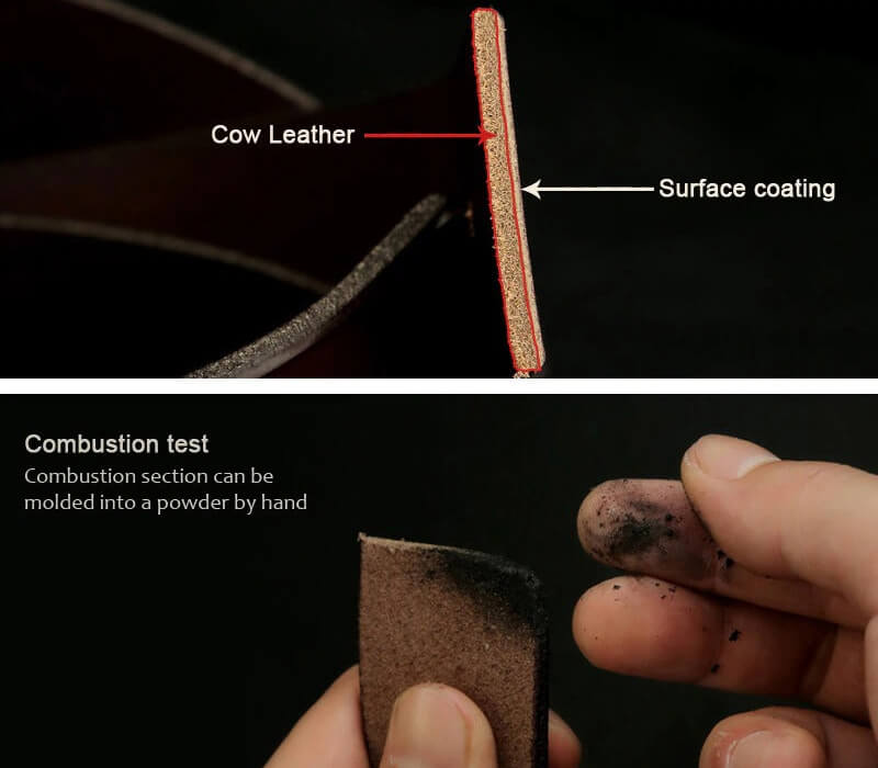 Close-up of cow leather showing surface coating and a combustion test demonstrating its properties.