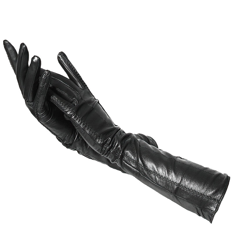Elegant black genuine sheepskin long gloves for women, perfect for vintage style and winter outings.