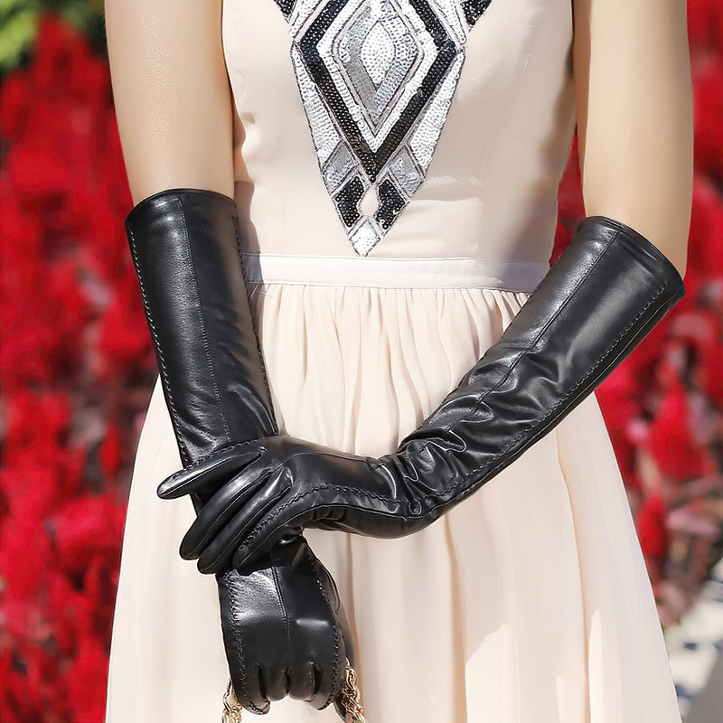 Elegant black genuine sheepskin long gloves for women, perfect for vintage style and cosplay outfits.