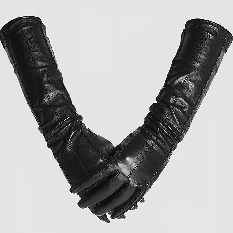 Long genuine leather women's gloves in black, stylish vintage design for winter wear and cosplay outfits.