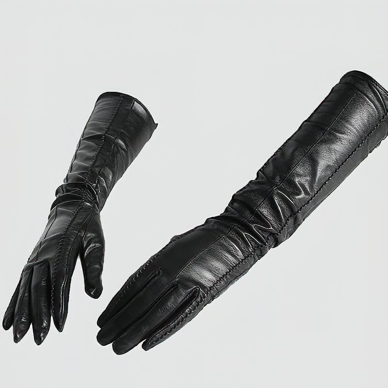 Genuine sheepskin women's long gloves in black, perfect for vintage style and winter outings, combining elegance and comfort.