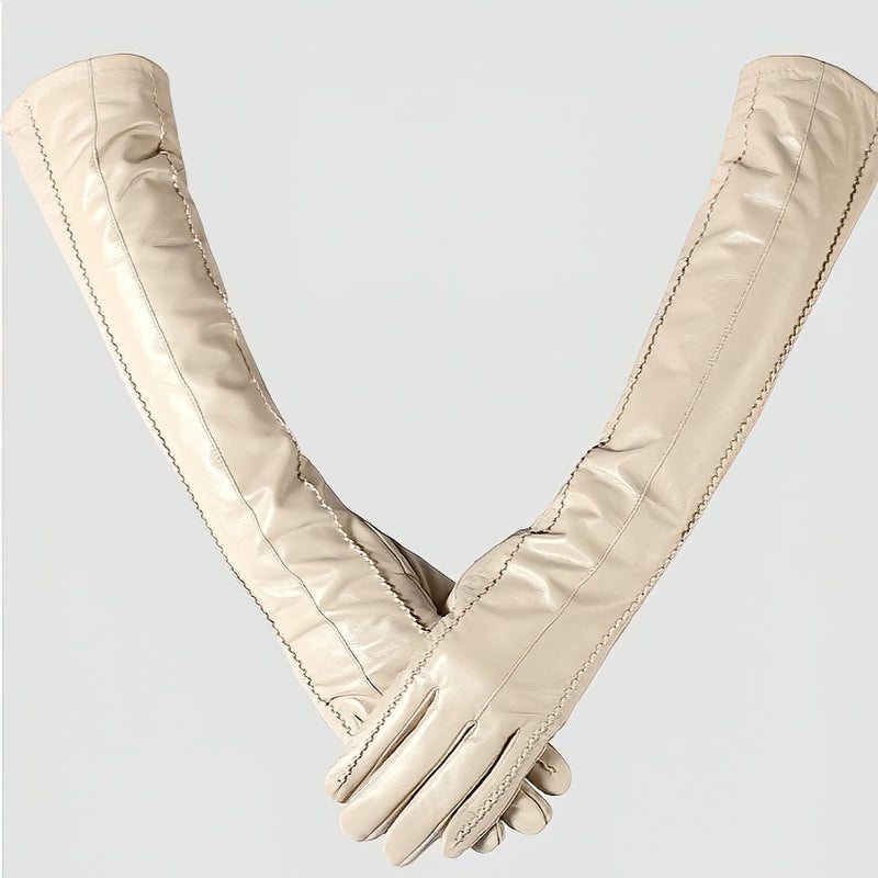 Genuine sheepskin women's long gloves in beige, vintage style for cosplay and winter wear.
