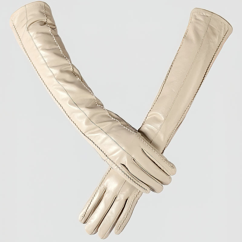 Beige genuine sheepskin women's long gloves with stylish stitching, perfect for winter and cosplay outfits.