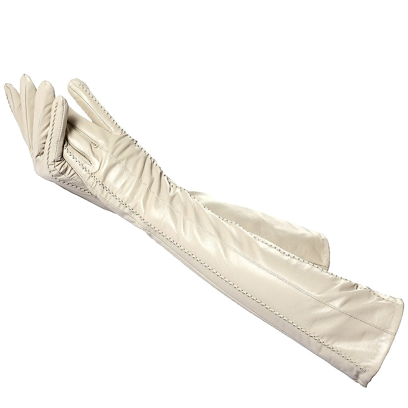 Genuine sheepskin women's long gloves in beige; stylish vintage leather gloves for winter outfits.