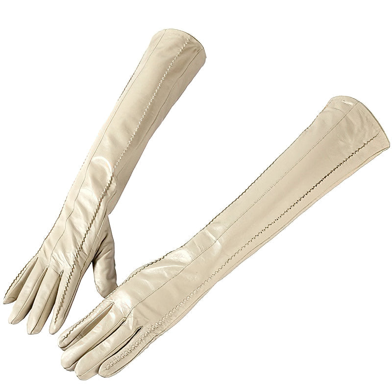 Genuine sheepskin women's long beige gloves, vintage style, perfect for cosplay and winter outings.