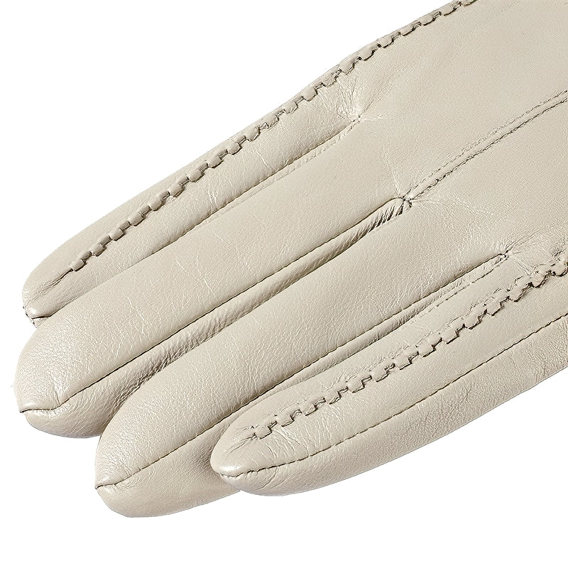 Genuine beige sheepskin women's long gloves with elegant stitching for winter fashion and cosplay.