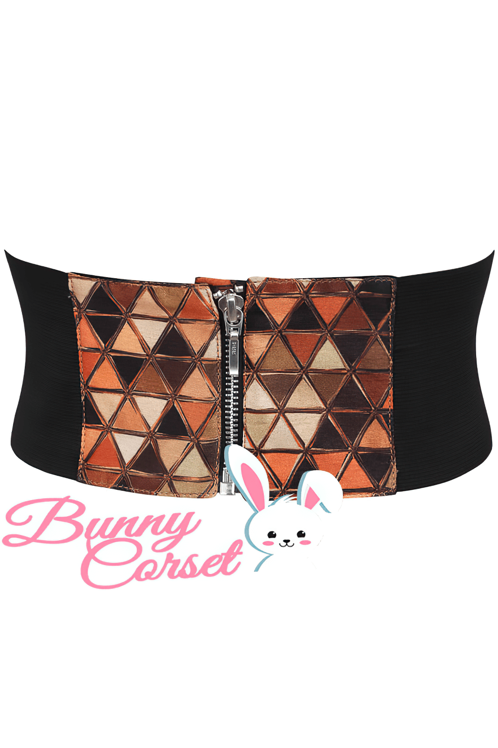 Geometric corset belt with elastic and zipper closure, featuring a bold geometric pattern in warm tones.