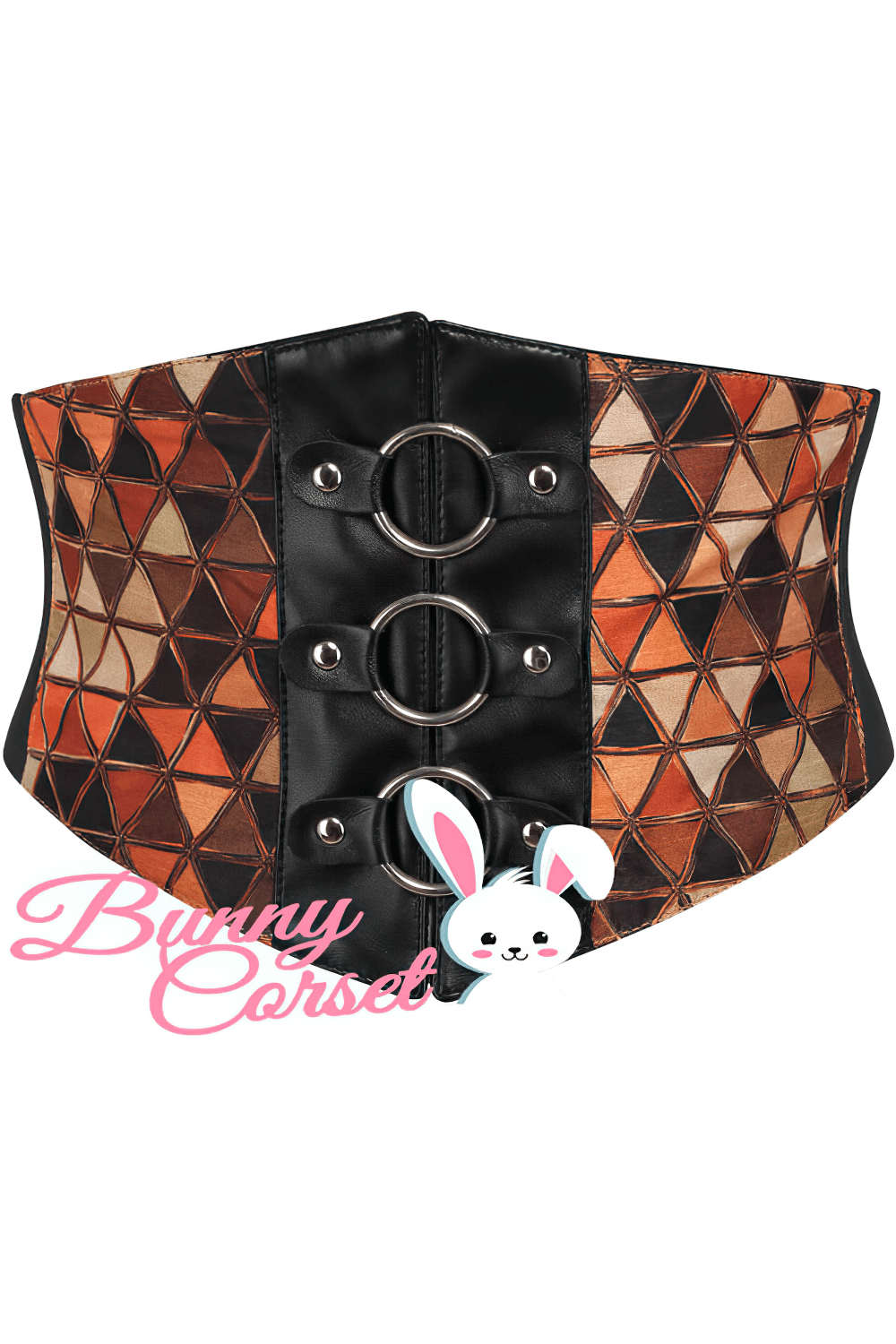 Geometric corset belt with elastic and zipper, featuring a bold geometric pattern in earthy tones.