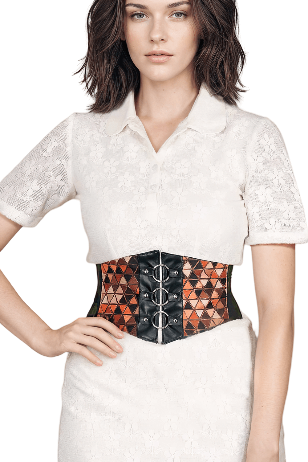 Geometric corset belt with elastic and zipper closure worn over a white dress, showcasing bold triangle patterns.