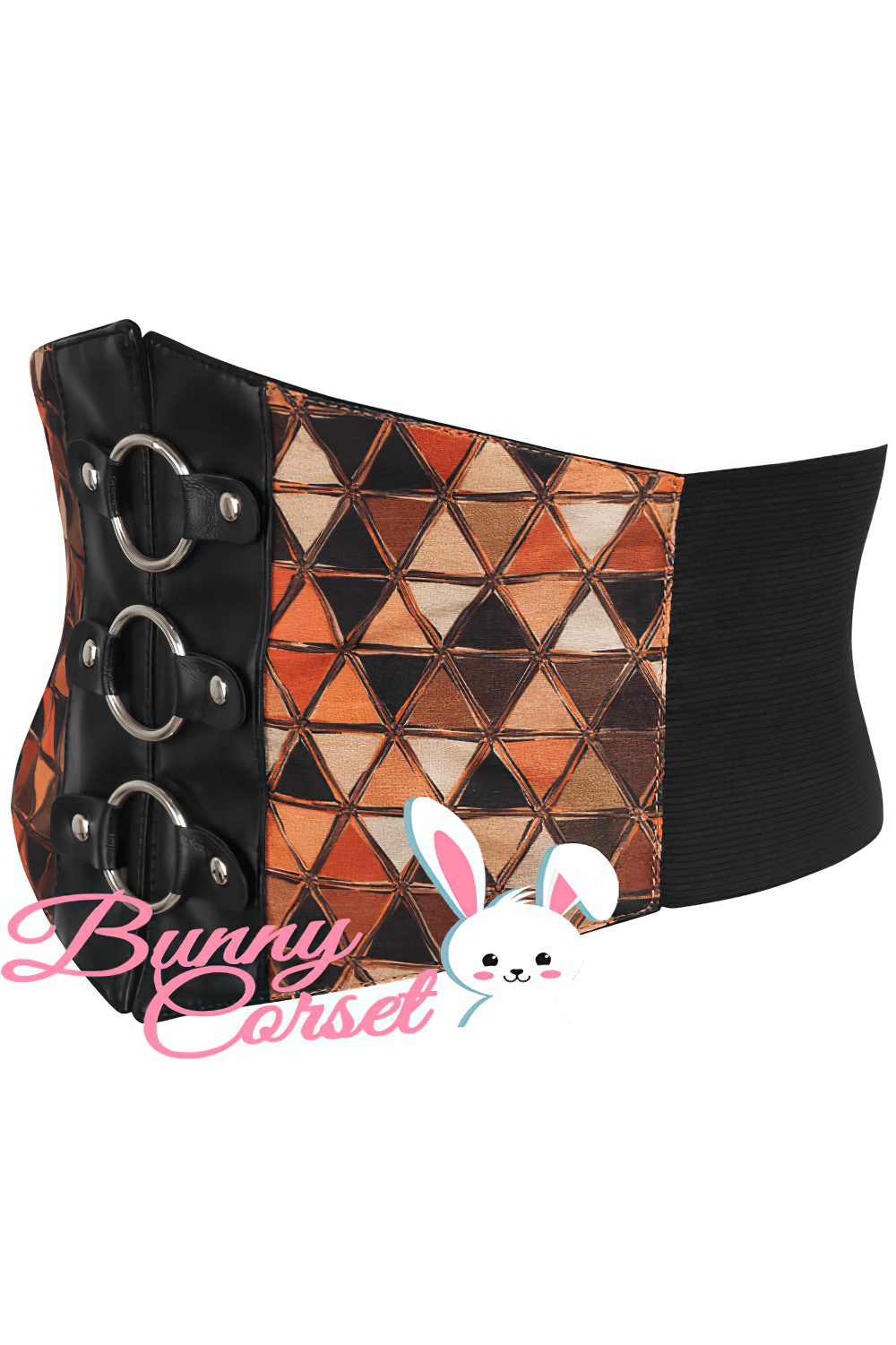 Geometric corset belt with elastic back and zipper closure, featuring bold triangle pattern, perfect for stylish waist definition.