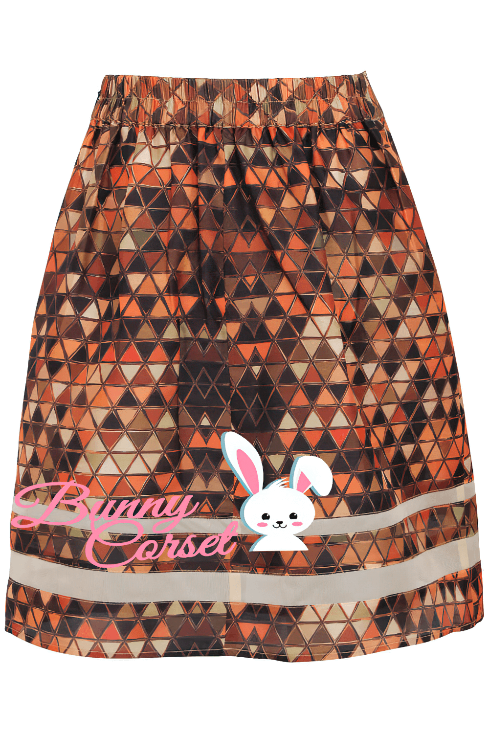 Geometric print midi skirt in warm tones with bunny design, perfect for stylish casual outfits.