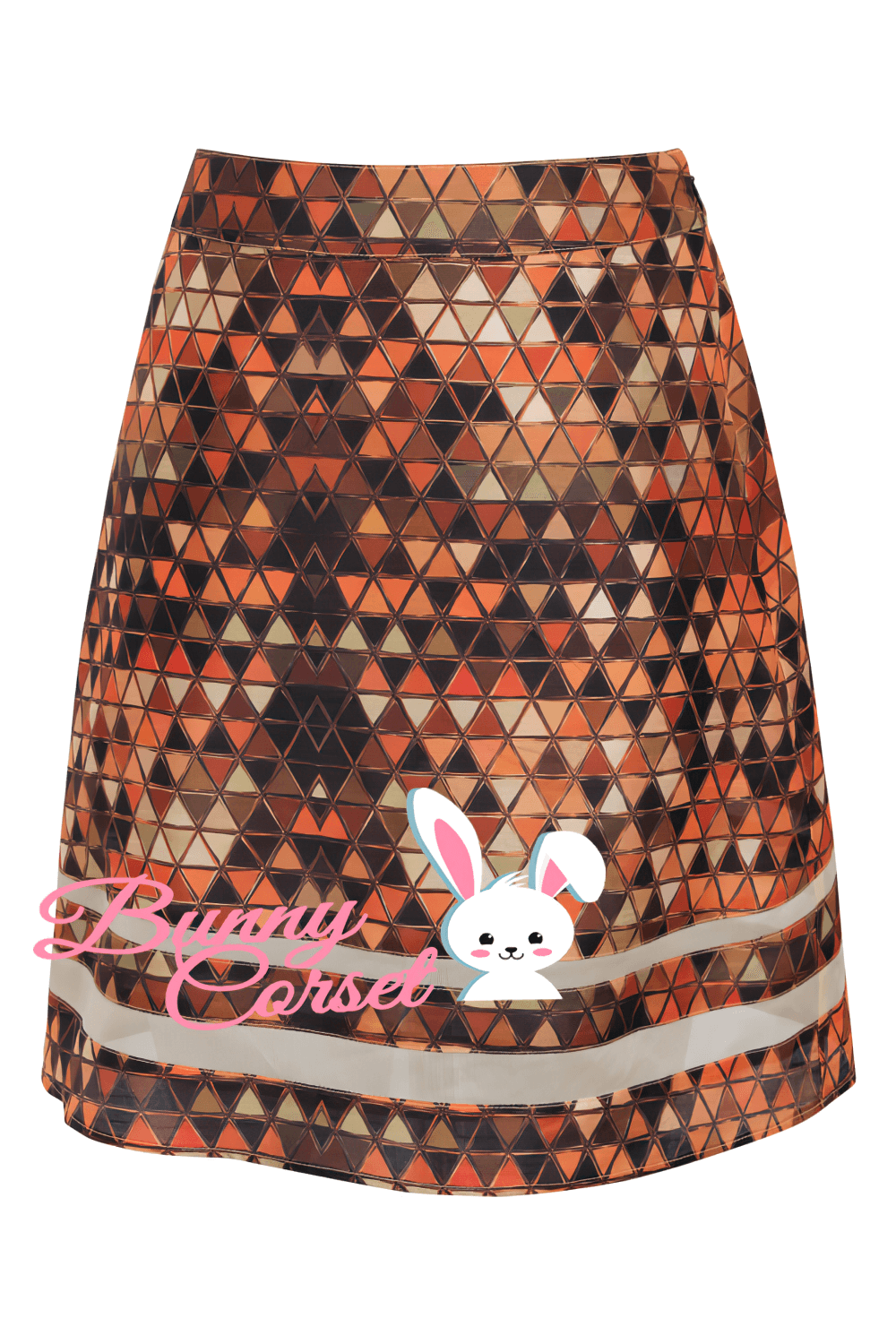 Geometric print A-line midi skirt in warm tones with a side zipper and mesh detailing for versatile styling.