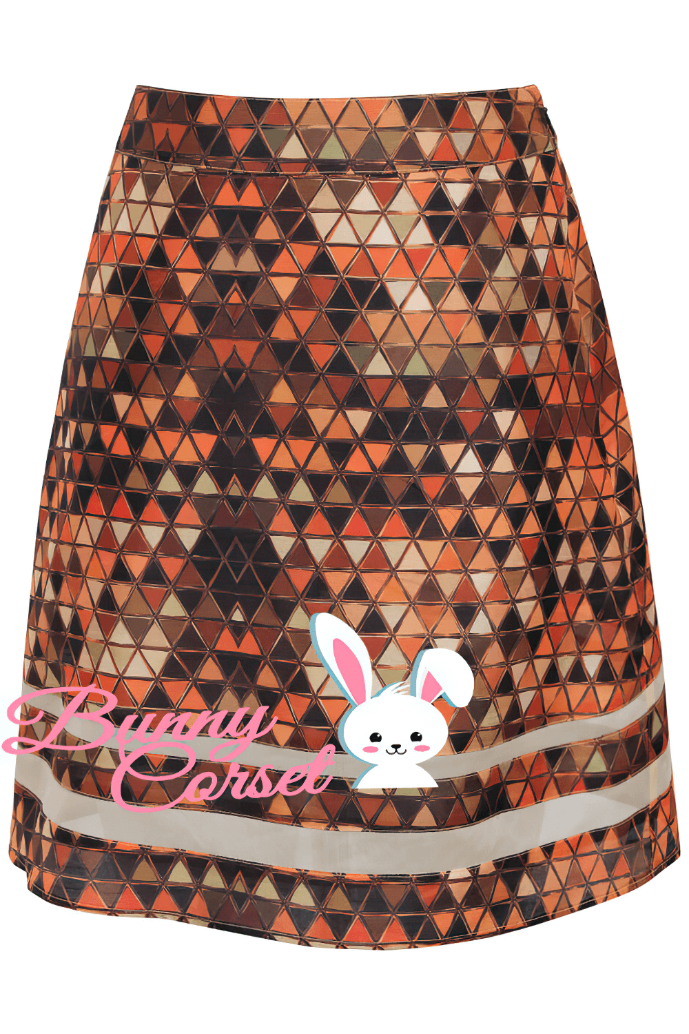 Geometric print A-line midi skirt in rich orange and brown tones with mesh detail and side zipper for stylish outfits.