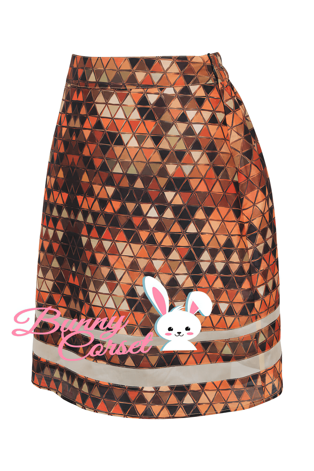 Geometric print A-line midi skirt in warm tones with side zipper and mesh detail for chic styling.