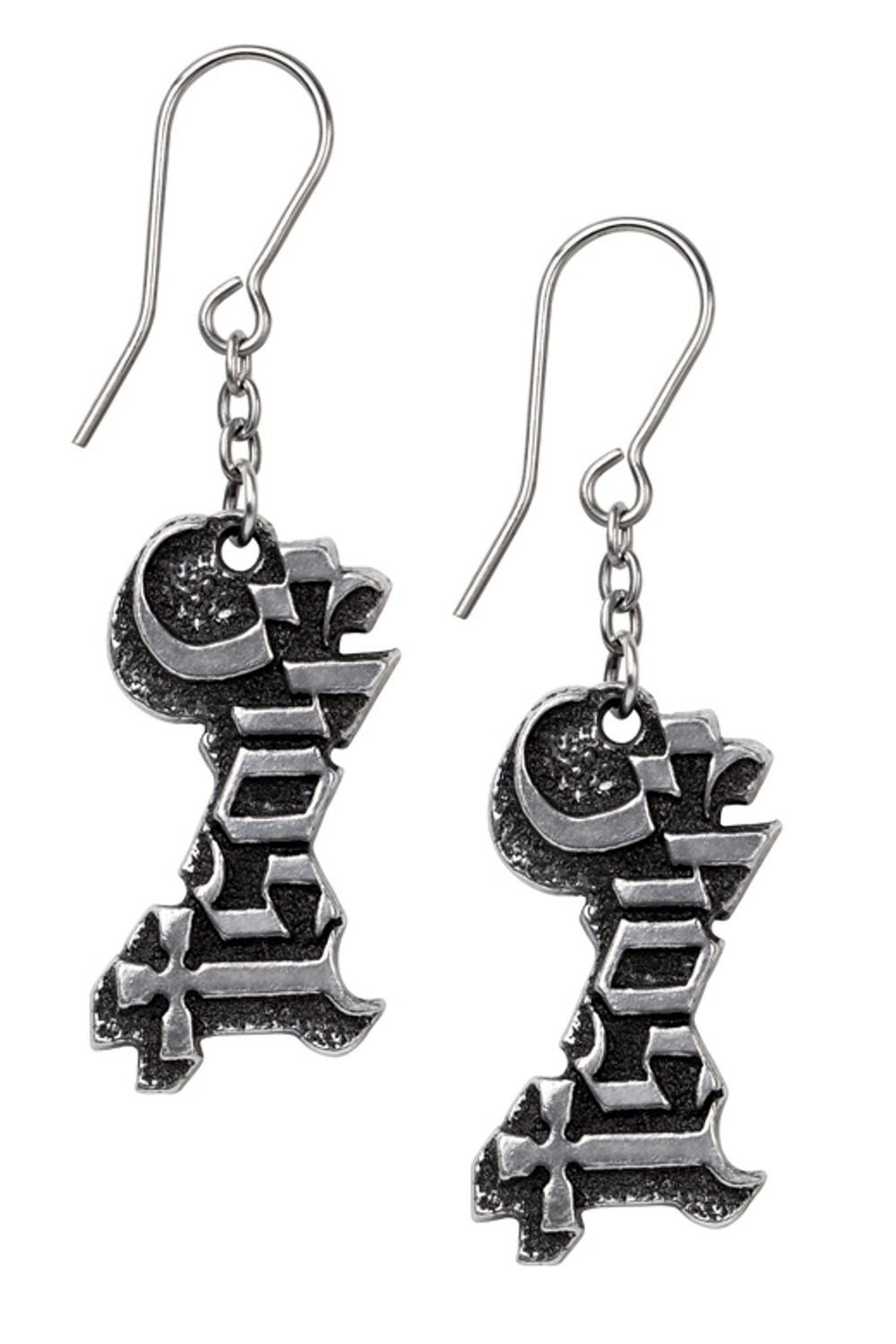 Pewter Ghost Band logo dangle earrings with French hooks, perfect for fans showing their rock style.