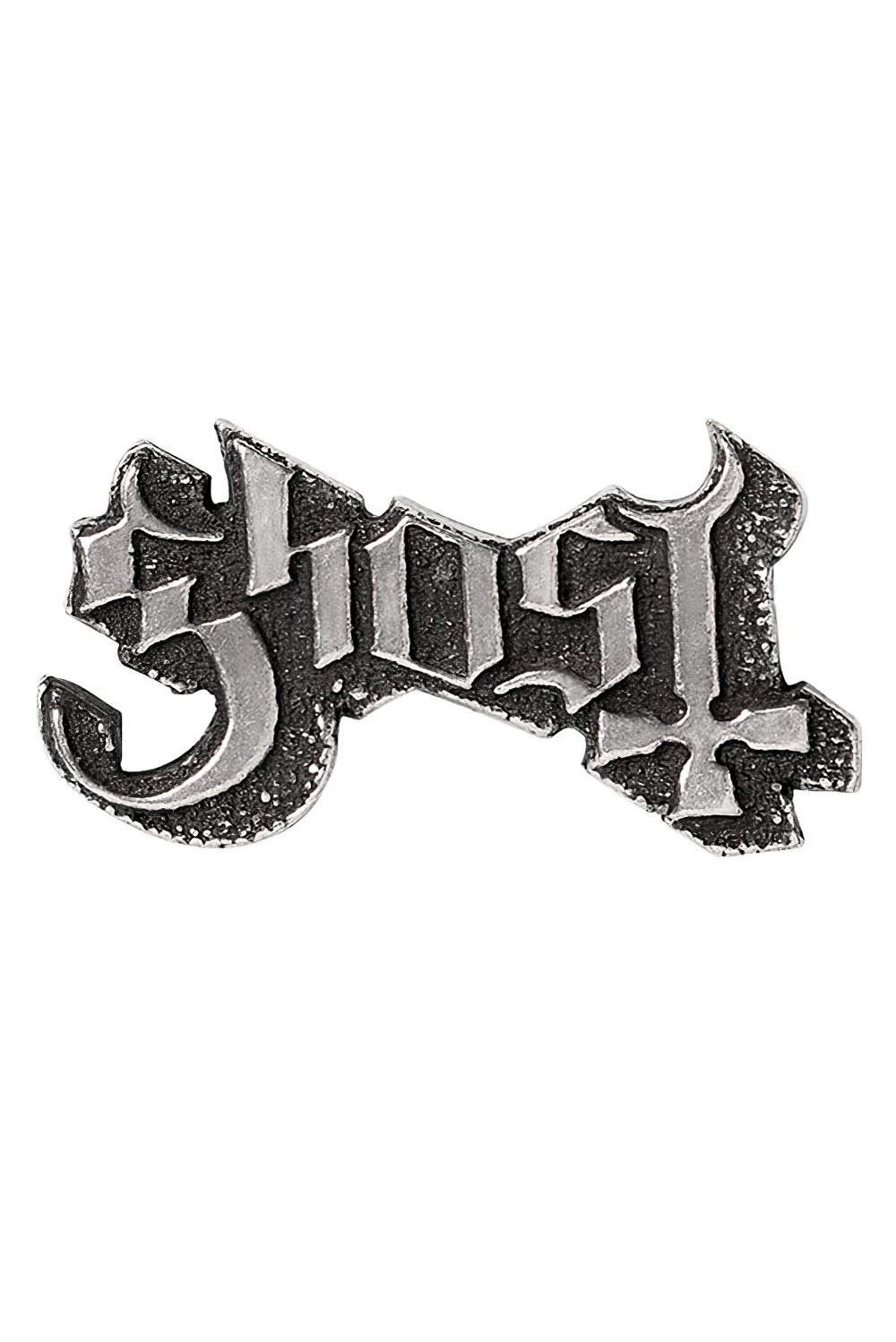 Ghost band pewter logo pin badge showcasing gothic design for jackets, vests, or collectibles.