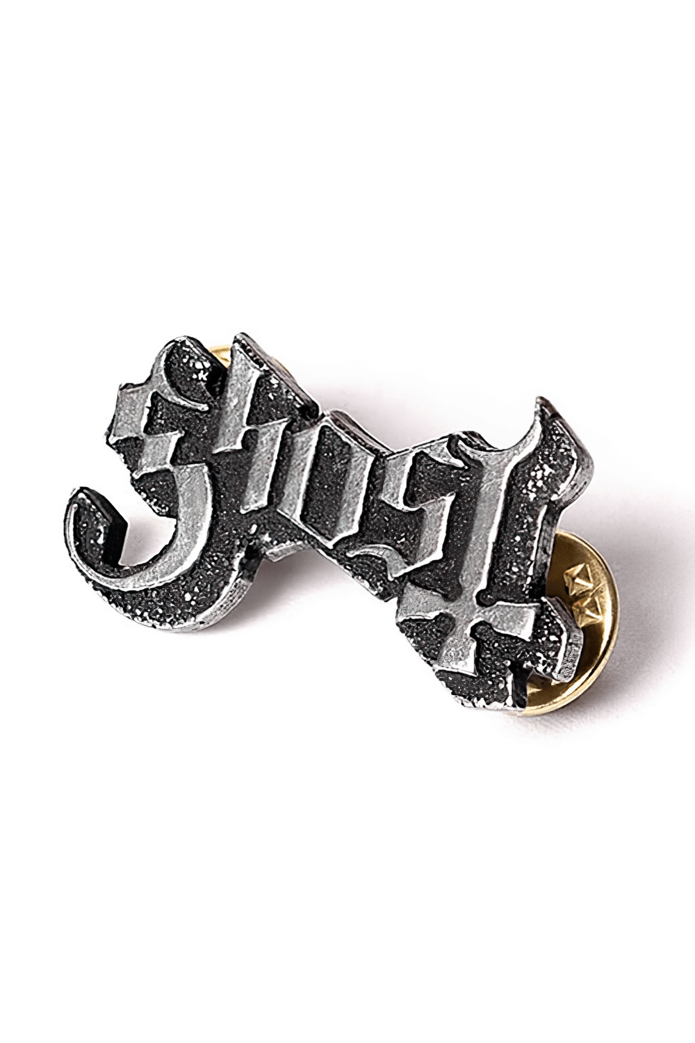 Ghost pewter logo pin badge for jackets and vests, showcasing dark gothic elegance and handmade craftsmanship.