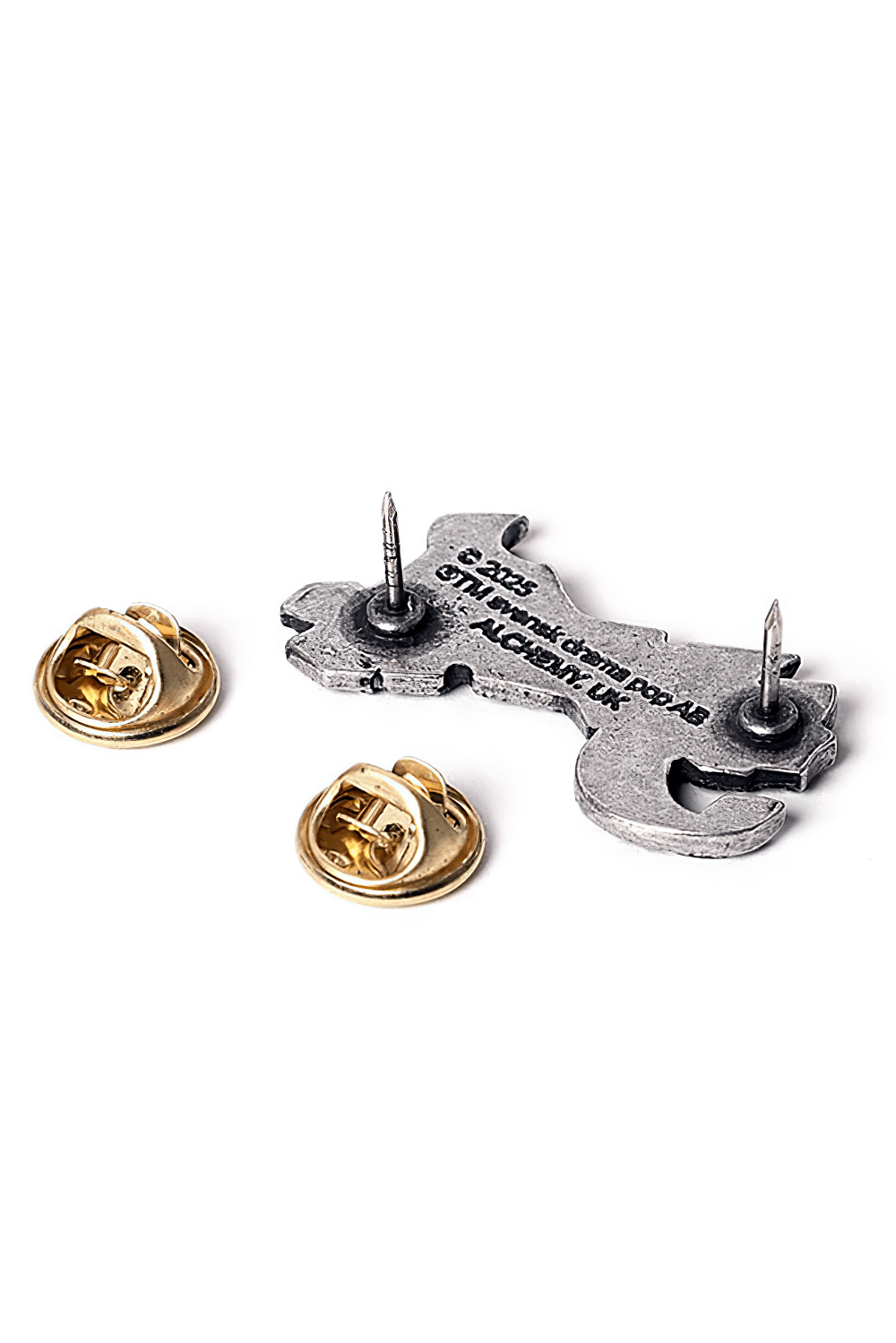 Back of Ghost pewter logo pin showing clasp and fasteners for easy attachment to jackets and vests.