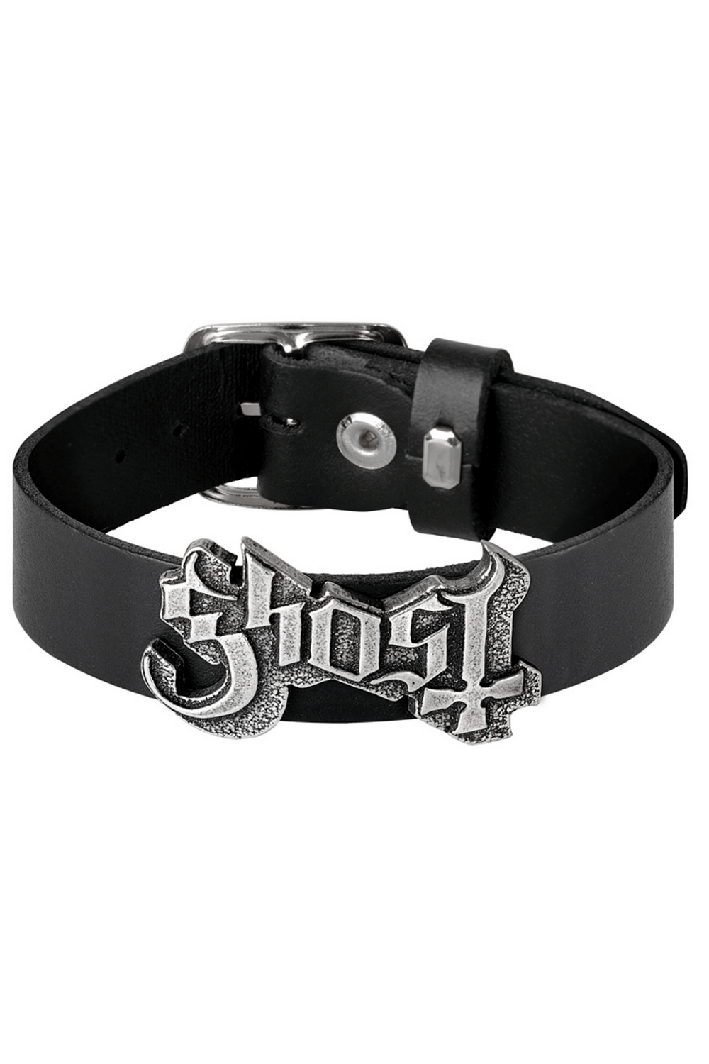 Stylish black leather bracelet featuring bold Ghost band logo in pewter, perfect for fans and any outfit.