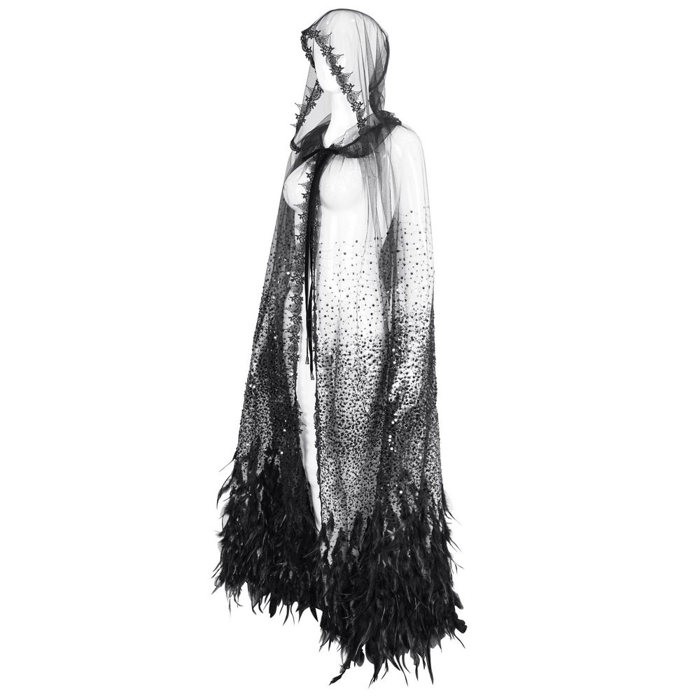 Glamorous Black Sequin Feather Cape With Hood