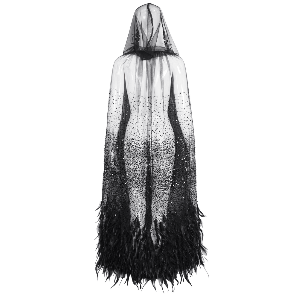 Glamorous Black Sequin Feather Cape With Hood