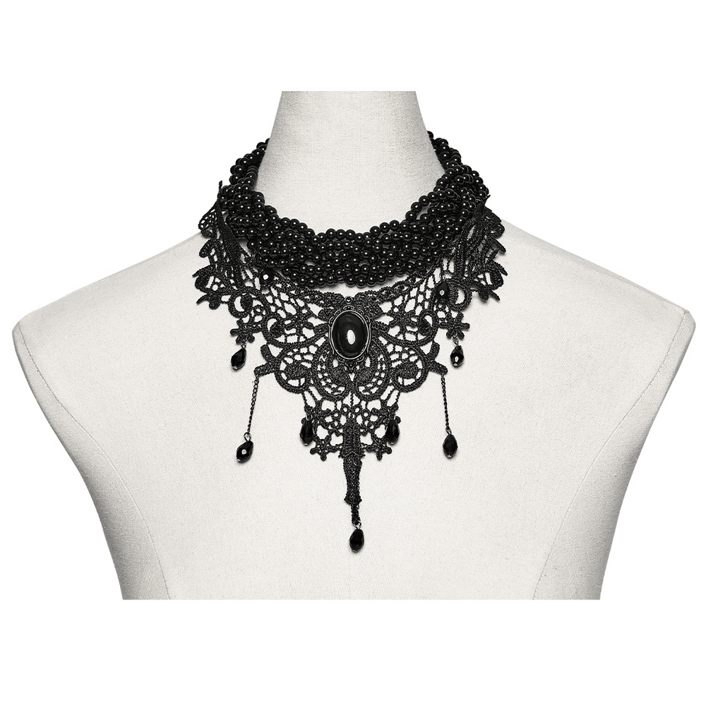 Glamouröse Goth-Spitzenhalskette mit Perlenbesetztem Viktorianischem Latz