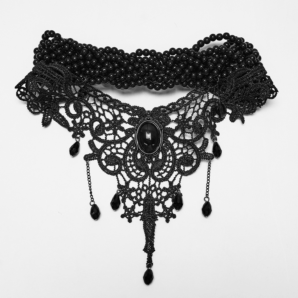 Glamouröse Goth-Spitzenhalskette mit Perlenbesetztem Viktorianischem Latz