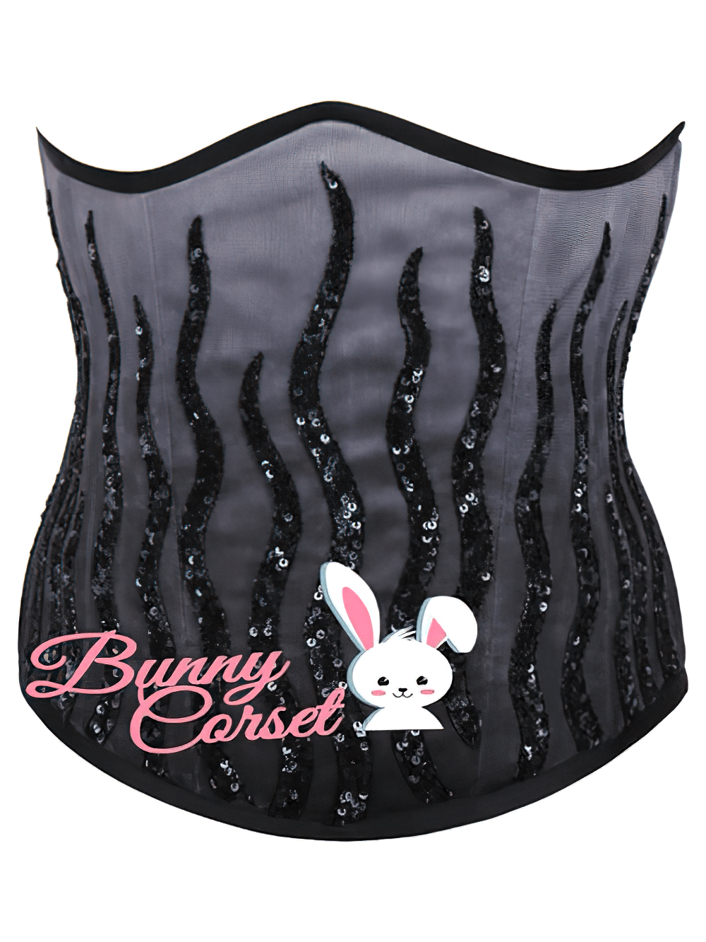 Elegant black and gray mesh sequin waist training corset with stylish wavy design and steel boning for a stunning silhouette.