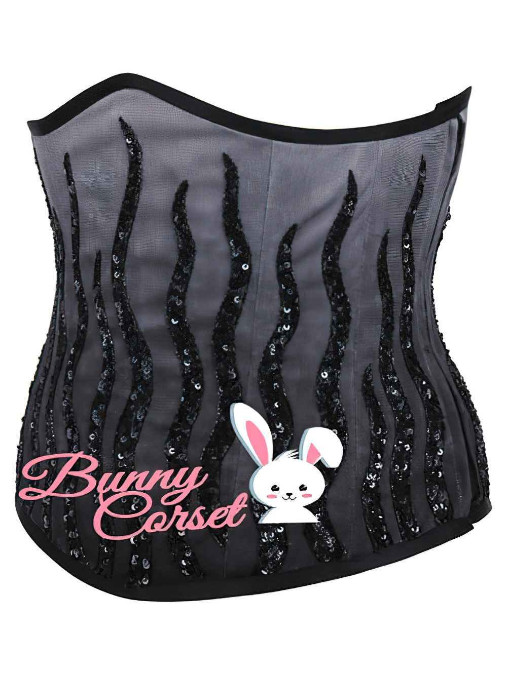 Glamorous black and gray mesh sequin underbust corset with elegant design and structured fit, perfect for waist training.