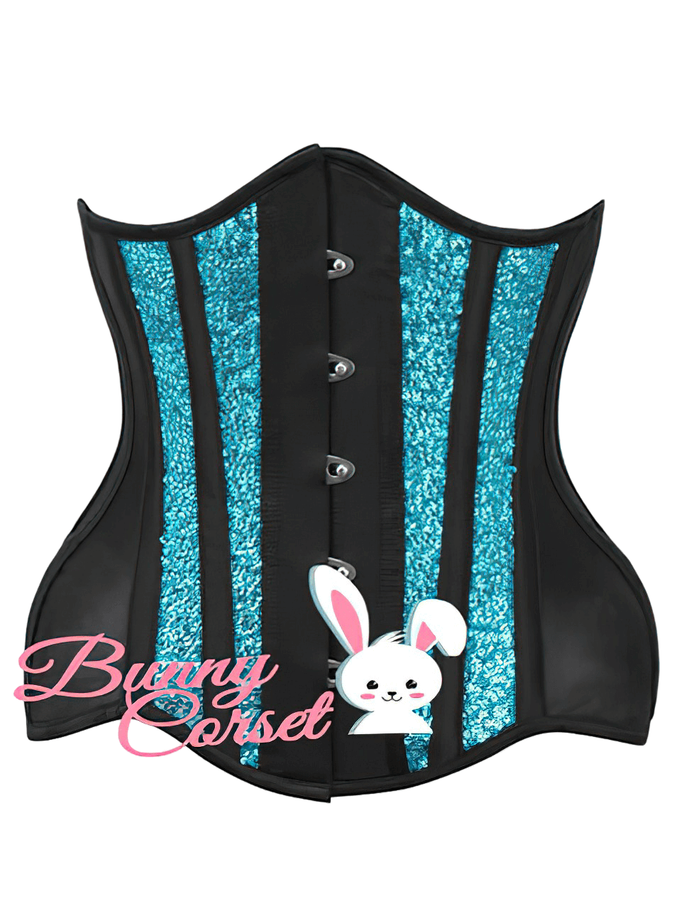 Glamorous black and blue sequin mesh corset with steel boning and adjustable lace-up back.