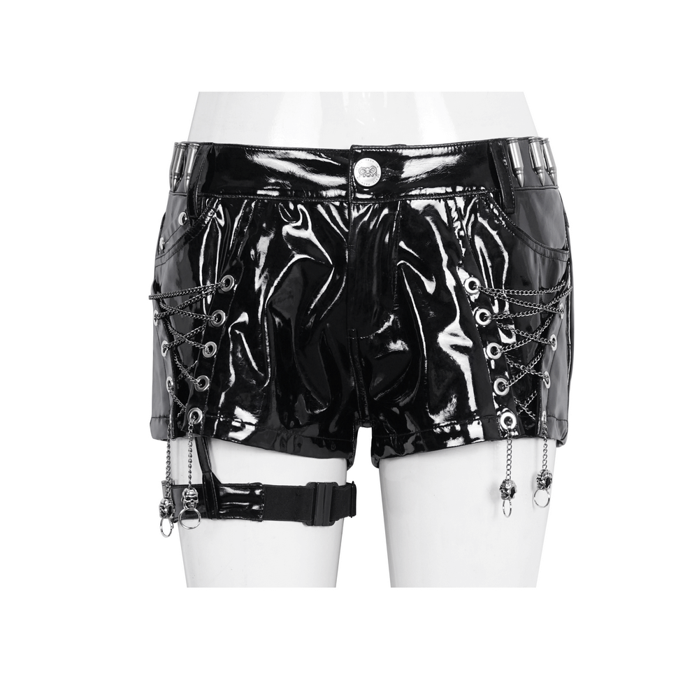 Glossy black punk rock shorts with chain details and shiny accents for an edgy fashion statement.