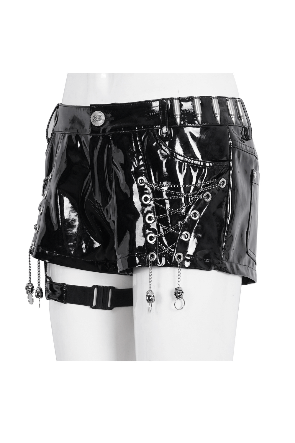 Glossy black punk rock shorts with chain details and metal accents for an edgy look.