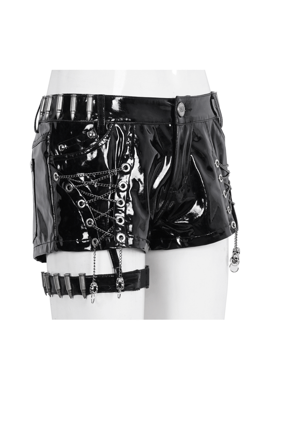 Glossy black punk rock shorts with edgy chain details and shiny finish, perfect for bold fashion statements.