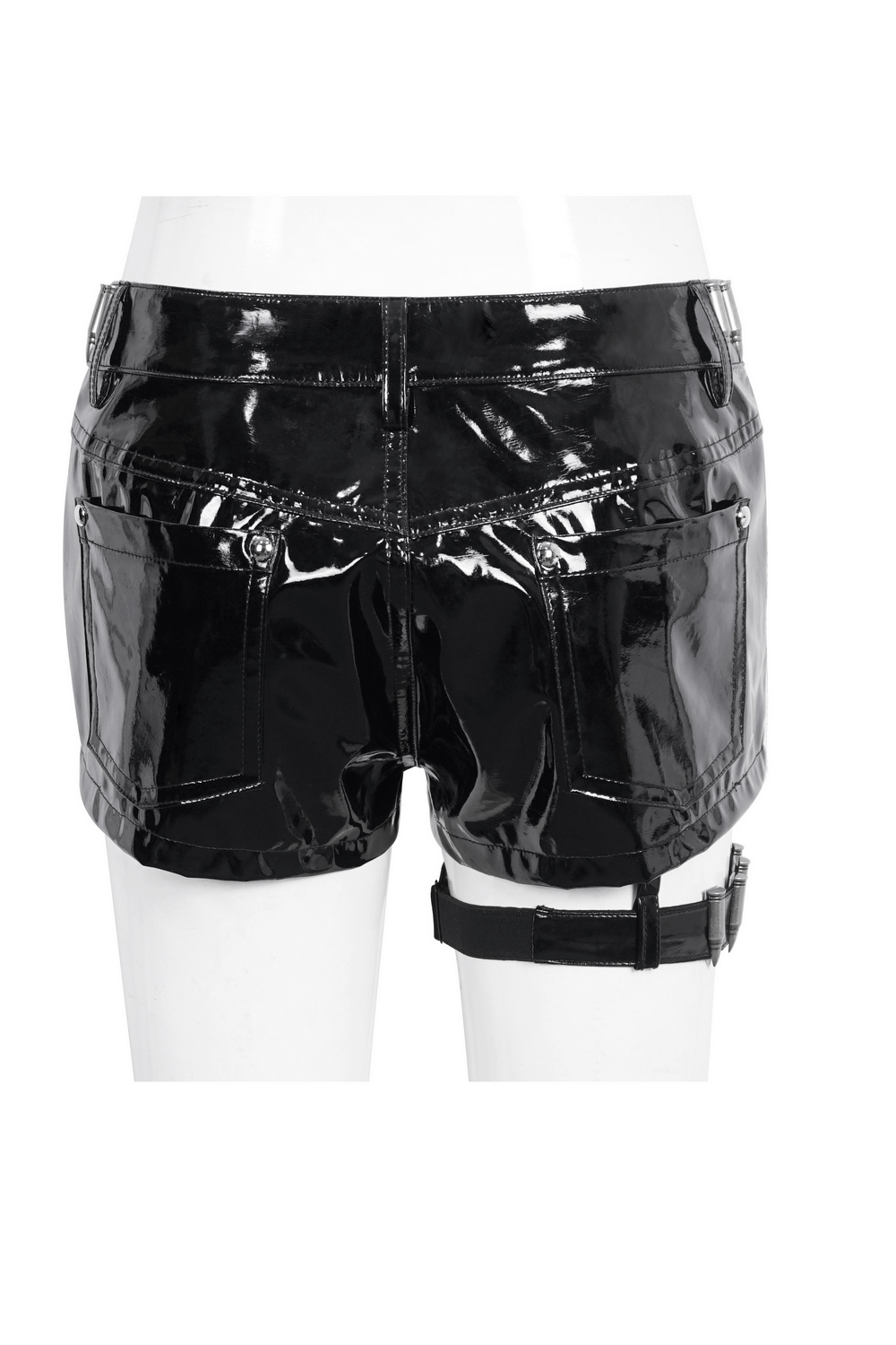Glossy black punk rock shorts with chain details, showcasing shiny finish and metal accents, perfect for edgy style.