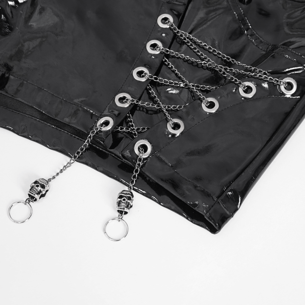 Glossy black punk rock shorts featuring chain details and skull accents for an edgy style.