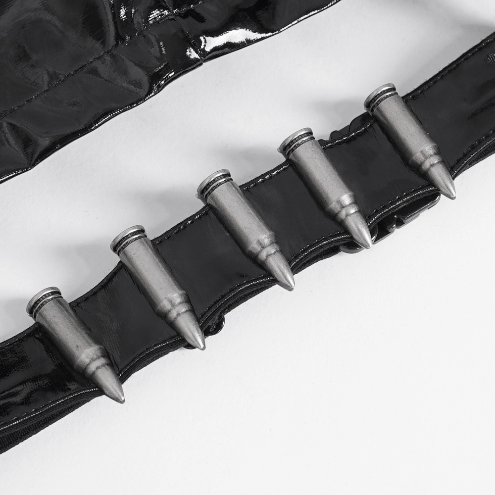 Glossy black shorts featuring edgy chain details and metal accents for a punk rock vibe.