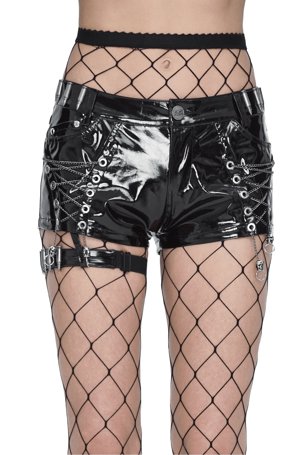Glossy black punk rock shorts with chain details and shiny finish, perfect for edgy style and bold fashion statements.