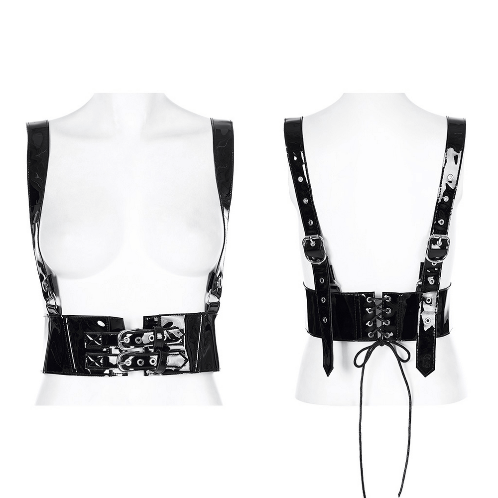 Glossy black PU leather corset belt with metal accents and adjustable shoulder straps.
