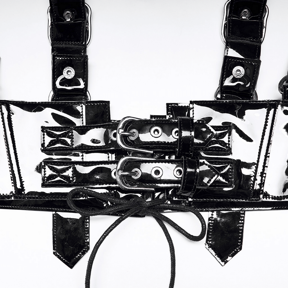 Glossy PU leather corset belt featuring adjustable straps and metal buckles for an edgy look.