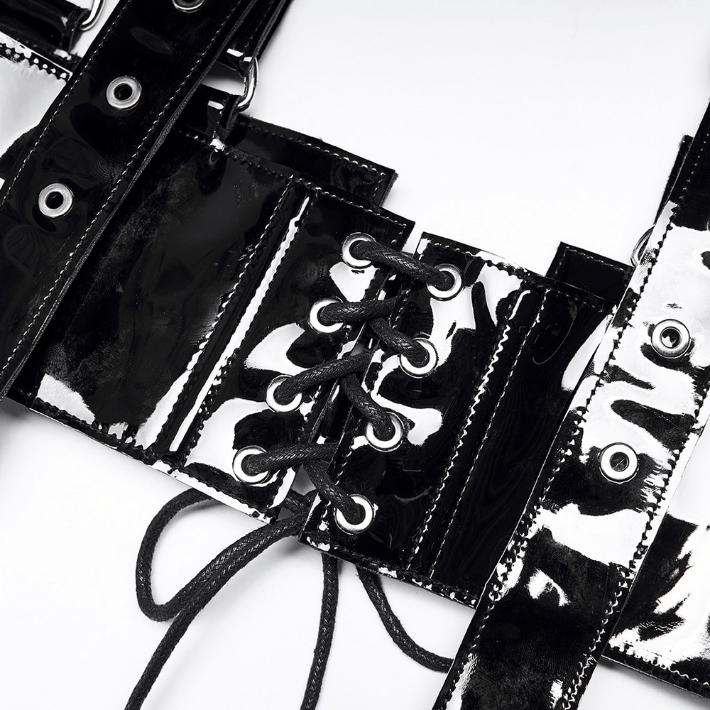 Glossy black PU leather corset belt with metal accents and lace-up details for an edgy look.