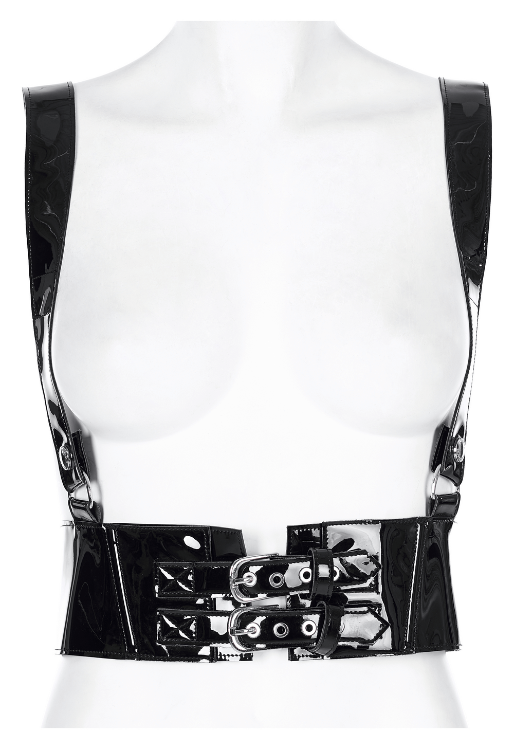 Glossy PU leather corset belt with metal buckles, stylish punk accessory for edgy fashion enthusiasts.