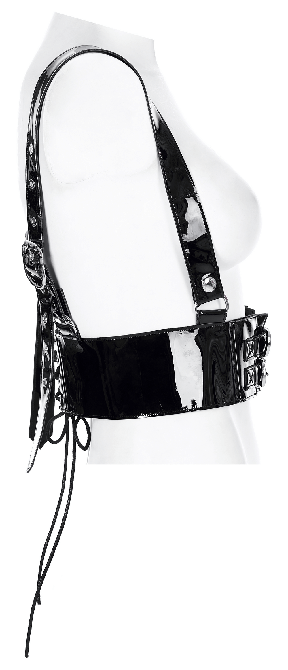 Glossy PU leather corset belt with adjustable shoulder straps and metal buckles for an edgy style.