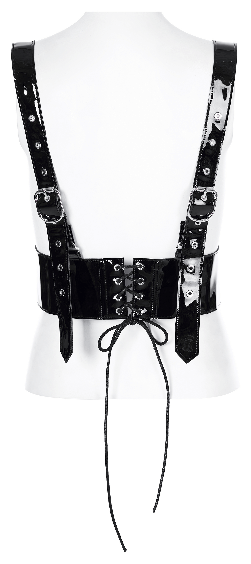 Back view of a glossy PU leather corset belt featuring adjustable straps and metal buckle accents.