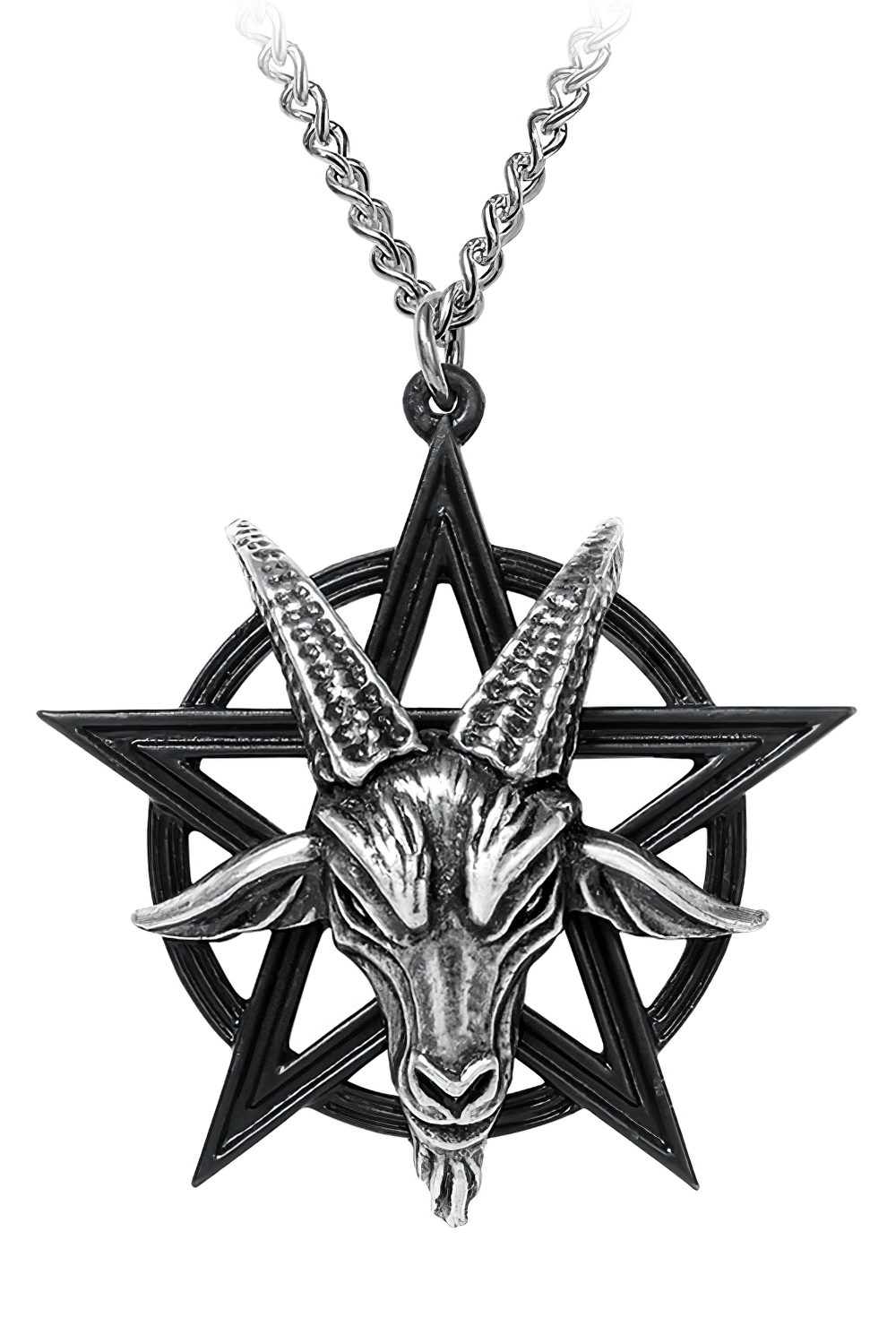 Gothic goat head Baphomet pendant featuring an occult pentagram design for mystical symbolism.